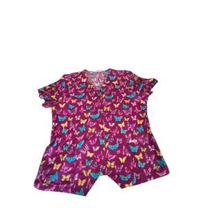Cherokee Scrub Top XL Purple Butterfly Print 100% Cotton Short Sleeve